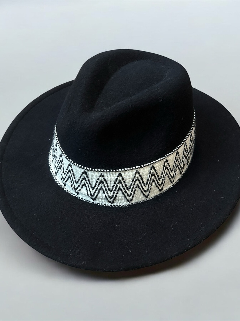 Black Wide Brim Fedora Hat with Zigzag Trim - Unisex